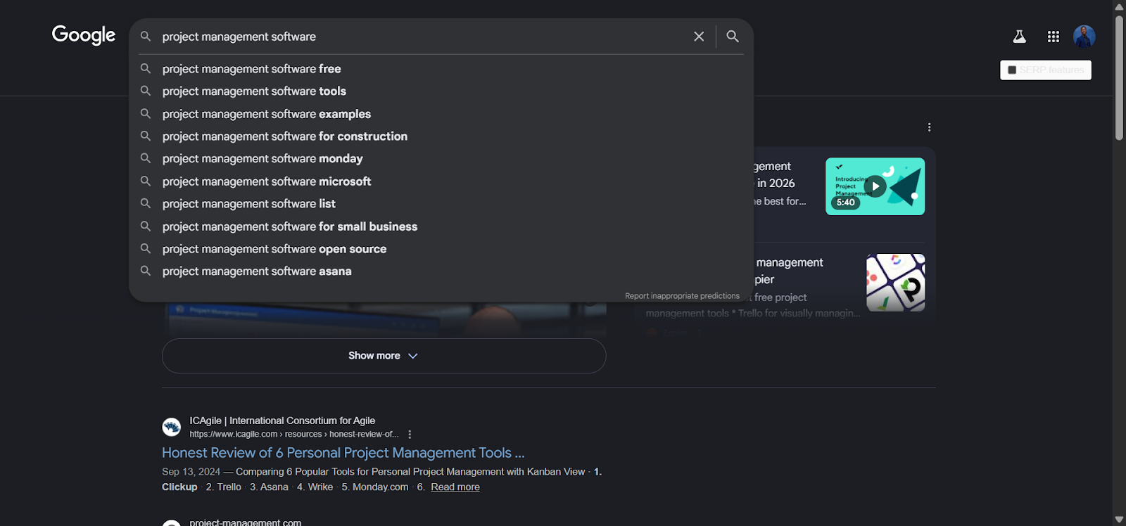 [Screenshot: Google search bar showing autocomplete suggestions for "project management software" including "project management software free," "project management software for small business," "project management software comparison"]