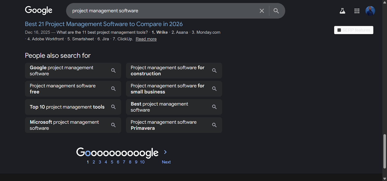 [Screenshot: Google "Related searches" section at the bottom of results page showing terms like "project management software free," "project management software examples," "project management tools list"]