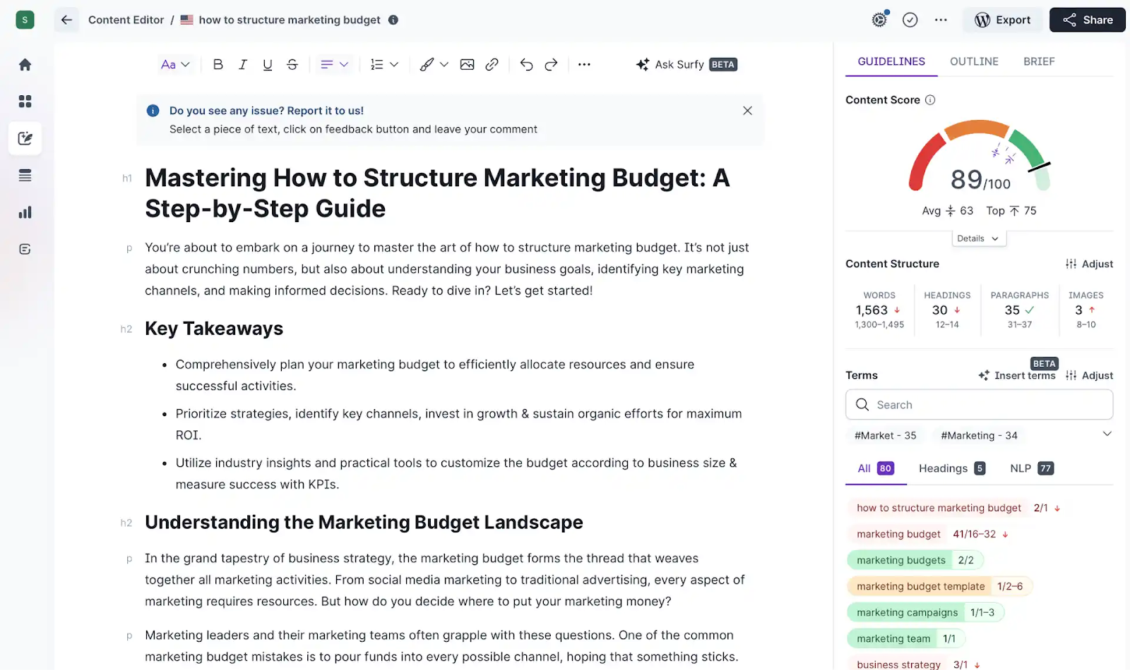 [Screenshot: Surfer Content Editor showing suggested keywords panel with terms to include and their recommended usage frequency]