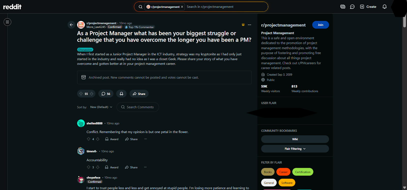 [Screenshot: Reddit thread showing users discussing project management challenges with specific terminology and questions]