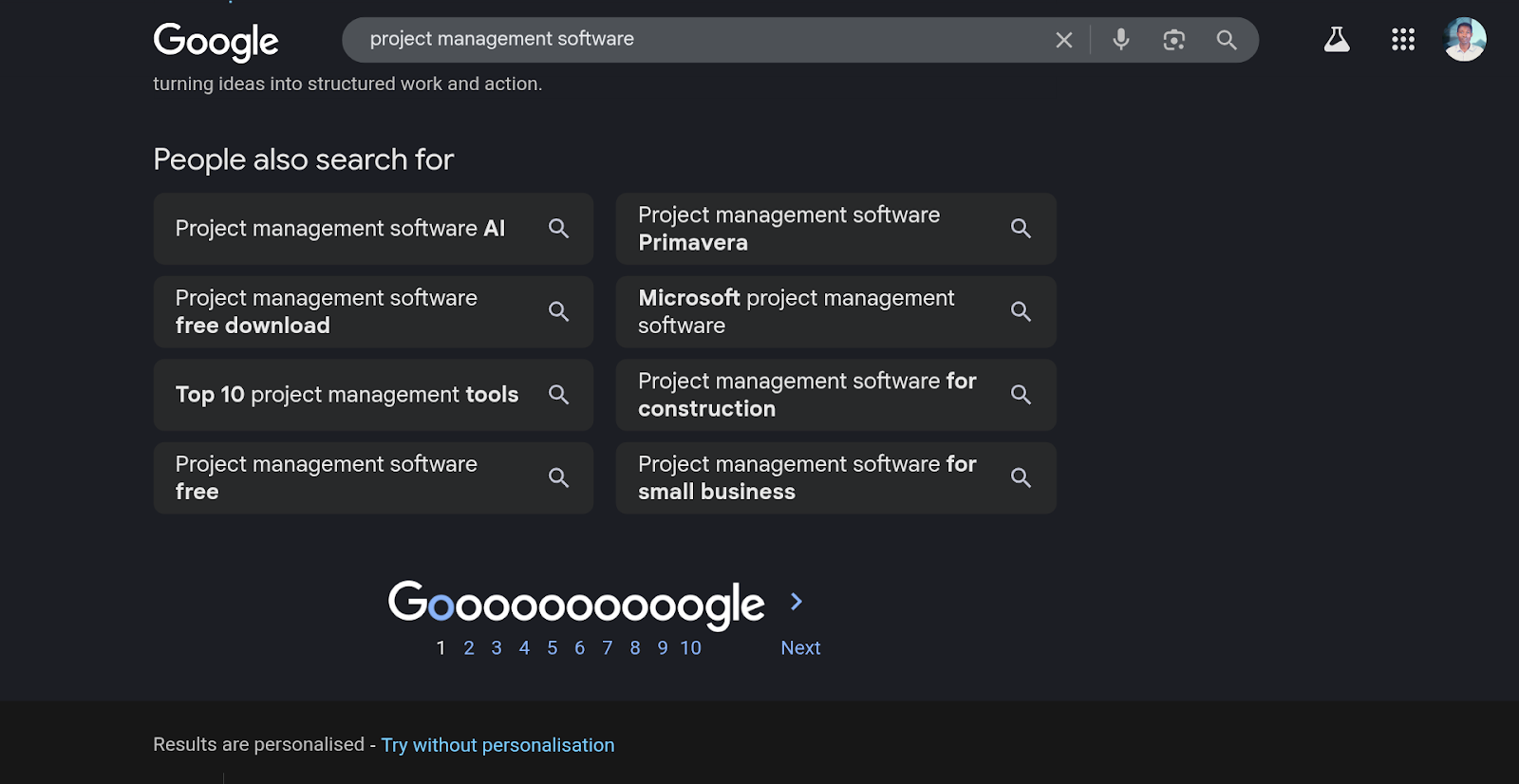 [Screenshot: Google SERP showing PAA box for query "project management software" with 4-5 expandable questions visible]