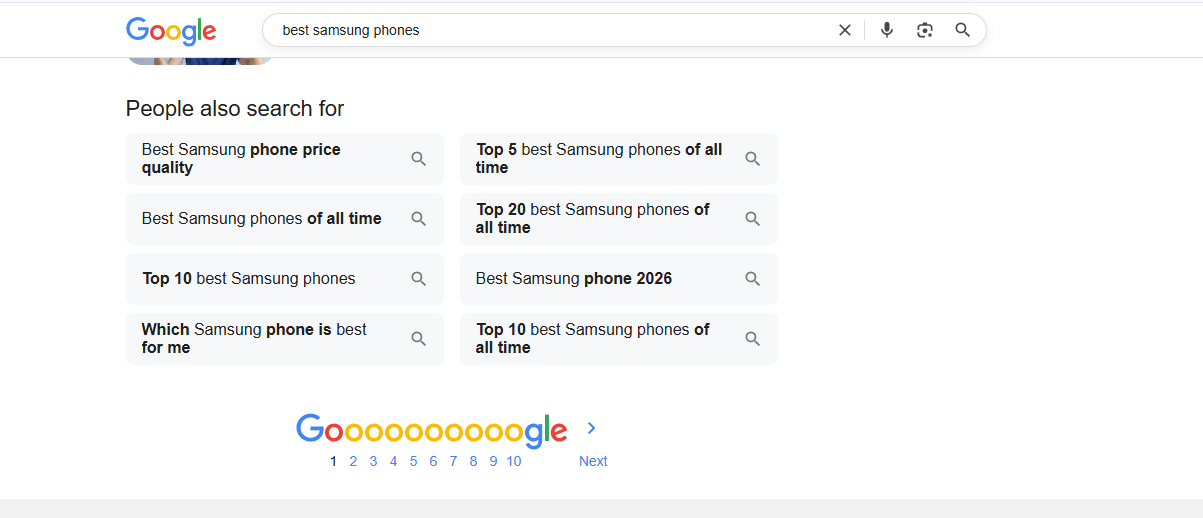 [Screenshot: Google PAA box for "best Samsung phones" showing multiple long-tail question variations]