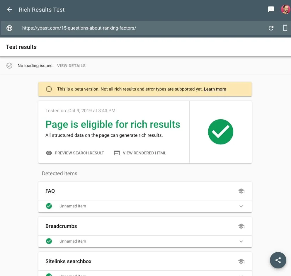 [Screenshot: Google Rich Results Test showing valid FAQ schema markup with green checkmarks]