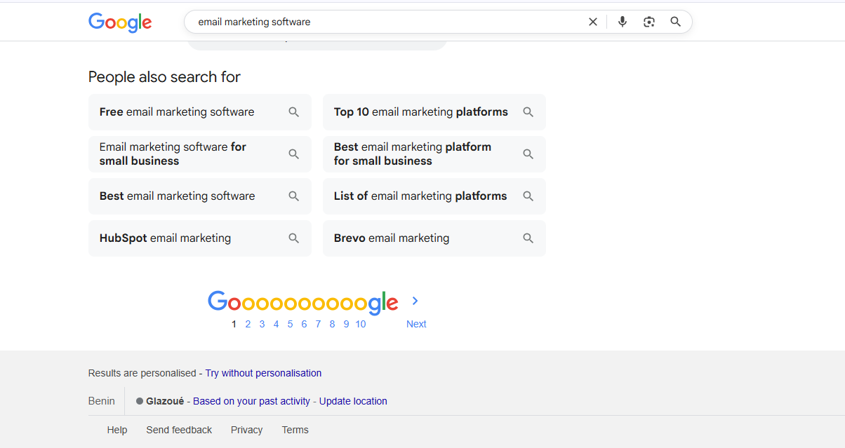 [Screenshot: PAA box for "email marketing software" showing 5-6 questions that could become content sections]