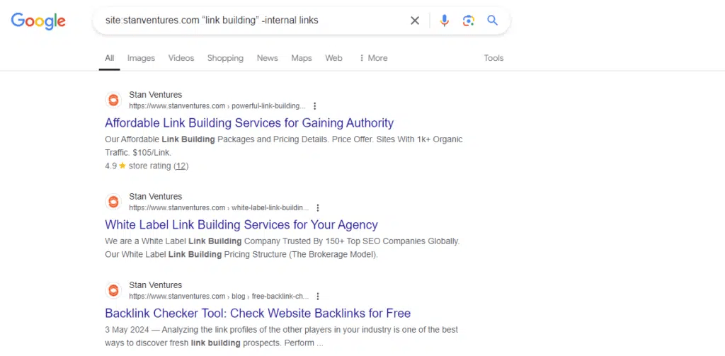 [Screenshot: Google site search showing internal pages that mention a specific keyword]