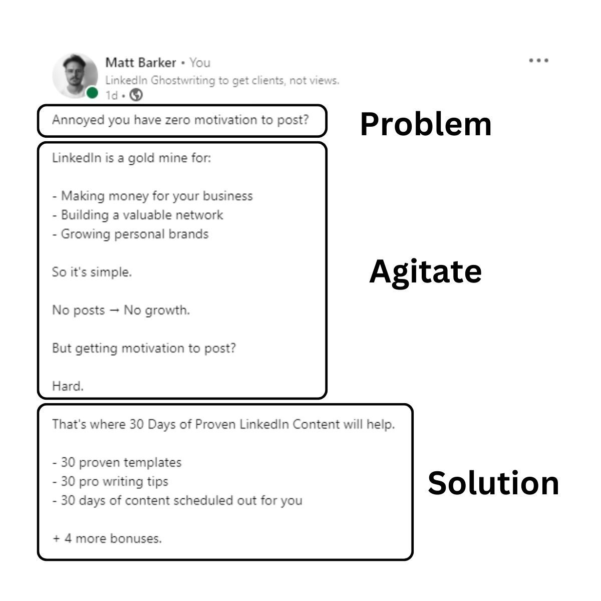 [Screenshot placeholder: Example of PAS formula in a LinkedIn post]
