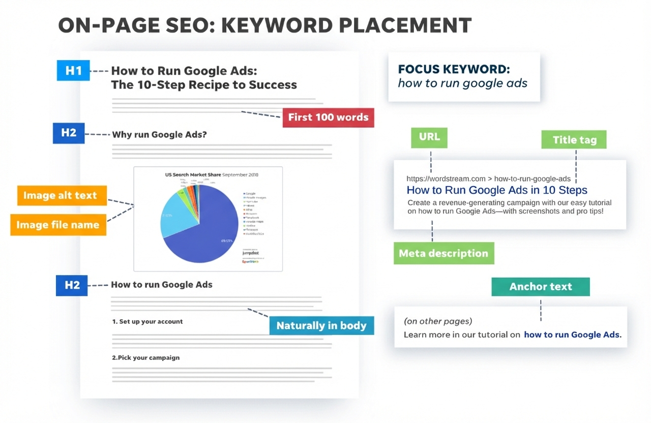 [Screenshot placeholder: On-page SEO checklist showing keyword placement]