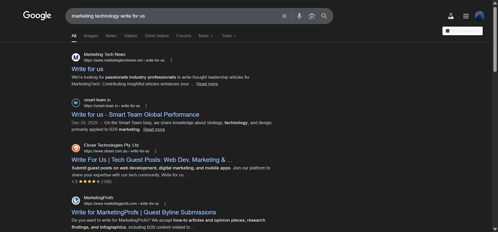 [Screenshot: Google search results for "marketing technology write for us" showing guest post opportunity pages]