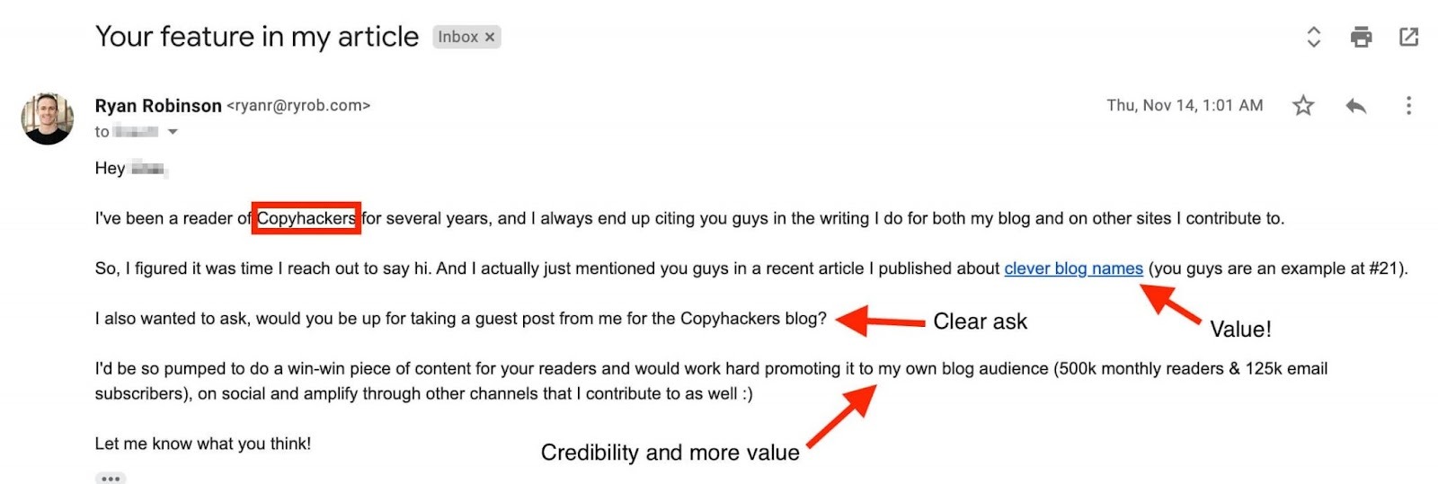 [Screenshot: Example email pitch for a guest post showing specific headline proposals]
