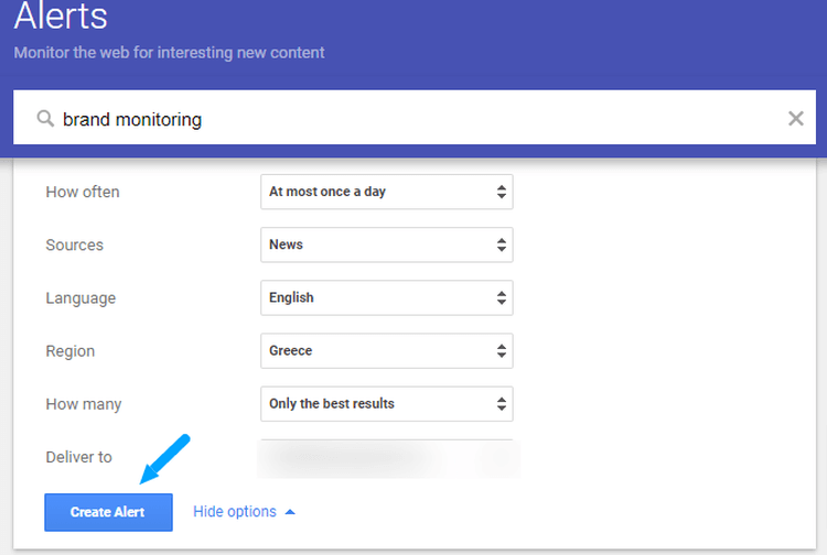 [Screenshot: Google Alerts setup page showing how to configure brand mention monitoring]