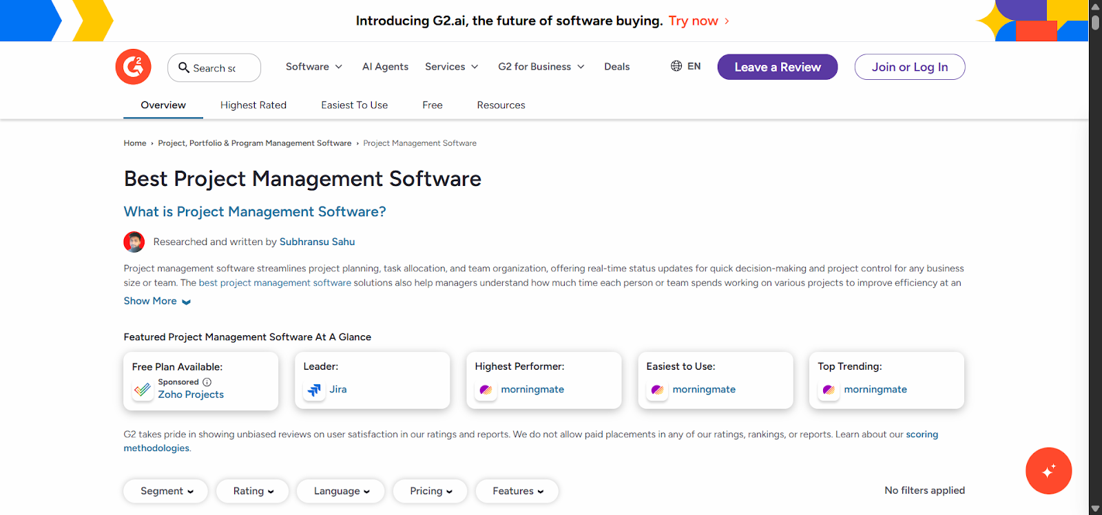 [Screenshot: G2 review page showing a brand's rating, number of reviews, and review highlights]