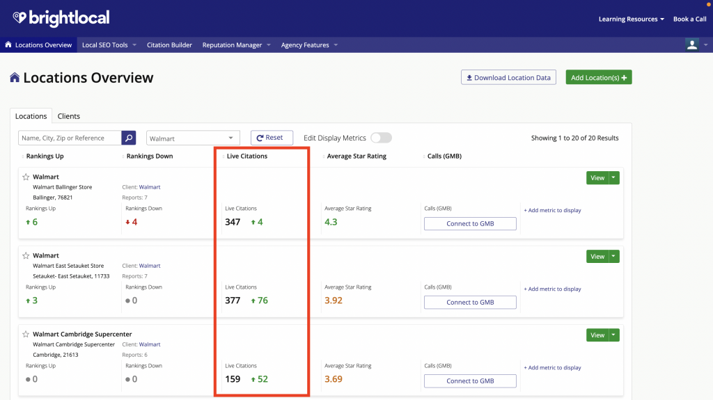[Screenshot: BrightLocal or similar tool showing local citation consistency across platforms]