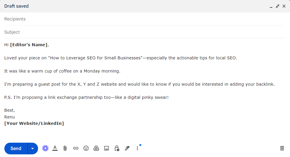 [Screenshot: Example email template for requesting a backlink from an unlinked mention]