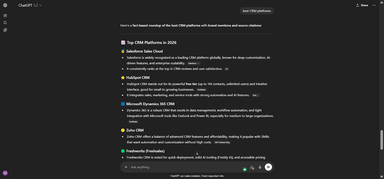 [Screenshot: ChatGPT response to &ldquo;best CRM platforms&rdquo; prompt, showing brand mentions and source citations]