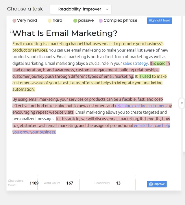 [Screenshot: A readability tool showing improved scores after adding appropriate transitions]