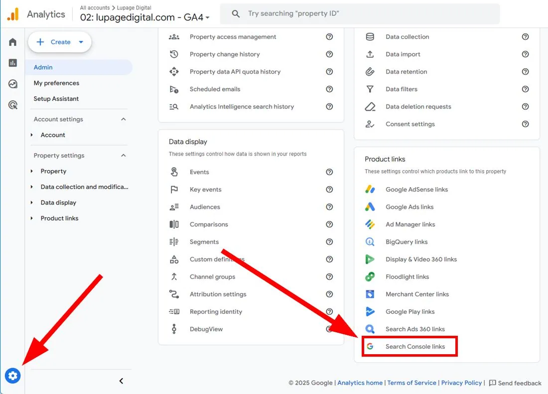 [Screenshot: GA4 Admin panel showing Search Console Links option under Product Links]