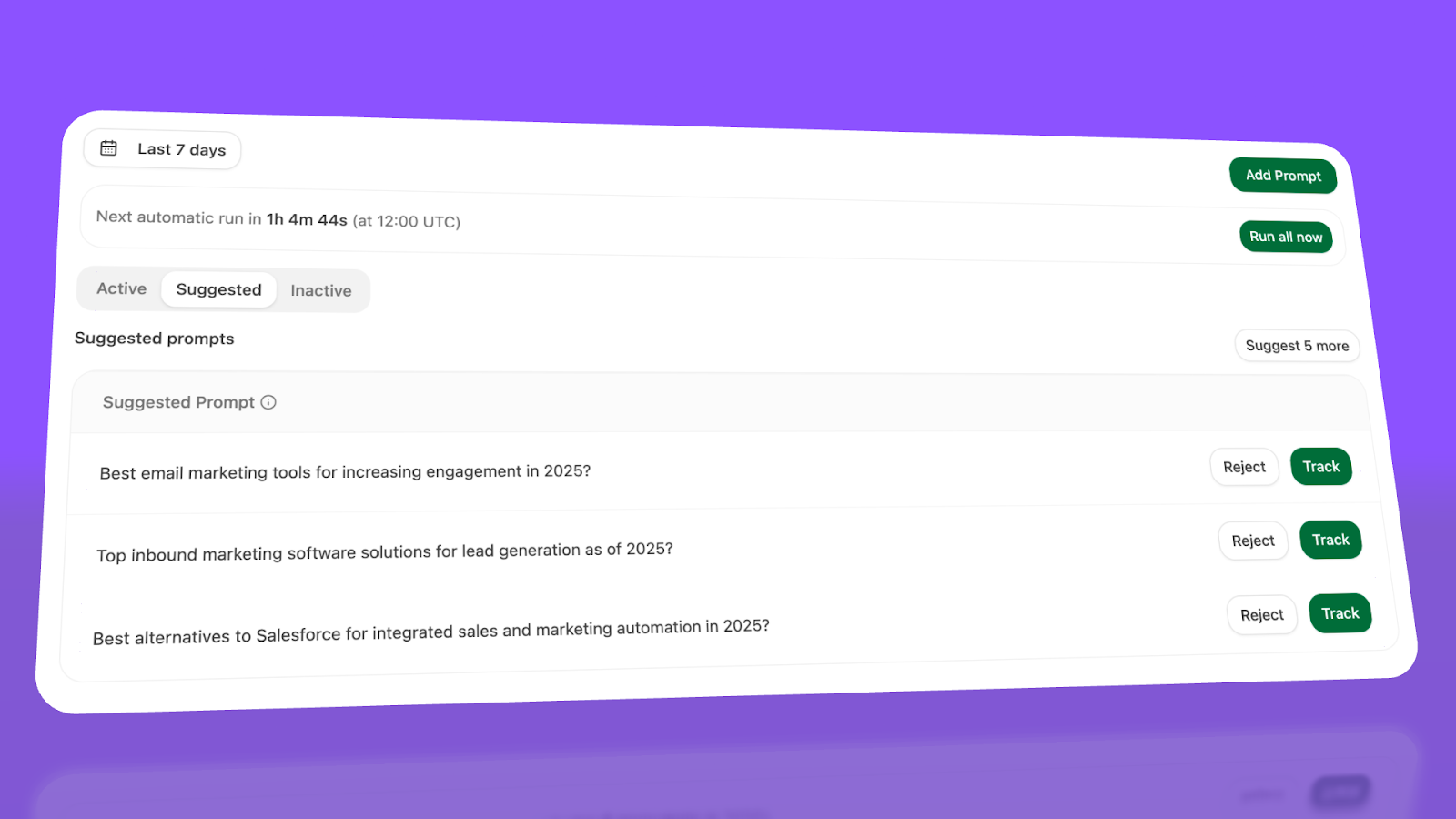 [SCREENSHOT: Analyze AI Prompt Suggestion feature showing suggested prompts to track based on your industry - use Prompt_Suggestion.png]