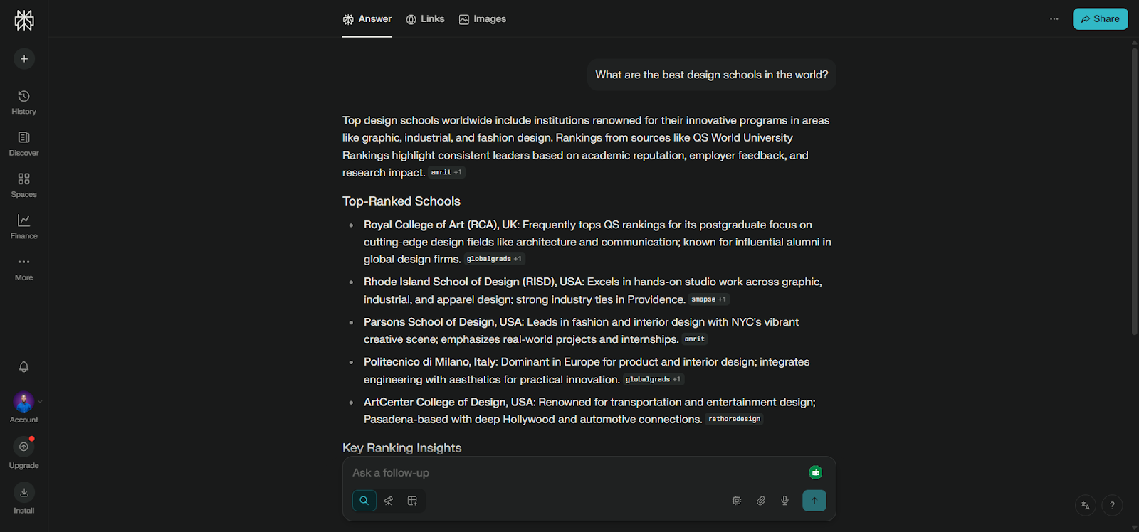 [Screenshot placeholder: Perplexity answer showing citations with numbered sources on the right side]