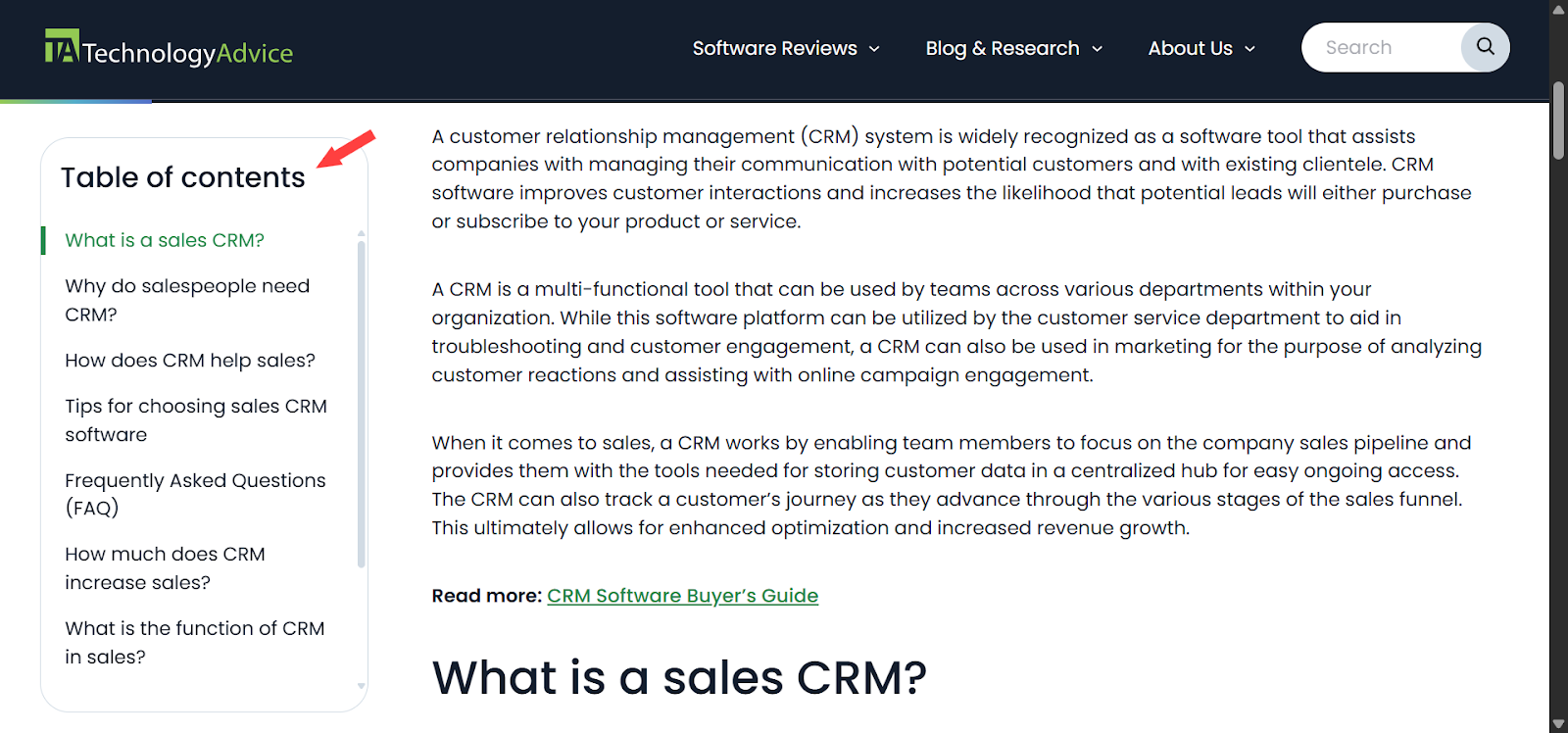 [Screenshot placeholder: Example article table of contents showing clear, descriptive, question-based headings]
