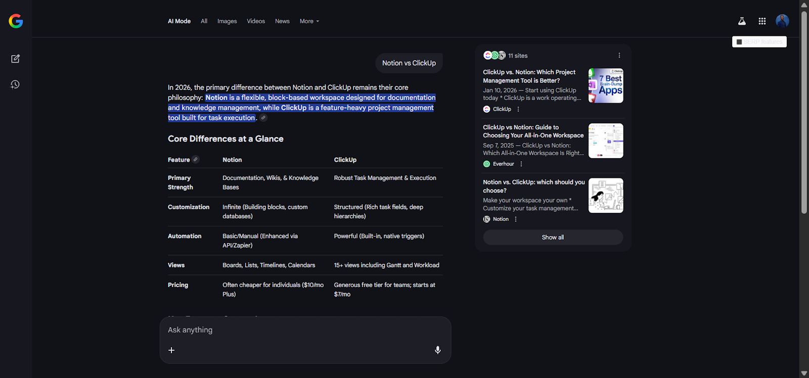 [Screenshot placeholder: Example showing how a comparison table appears when extracted into an AI Overview]
