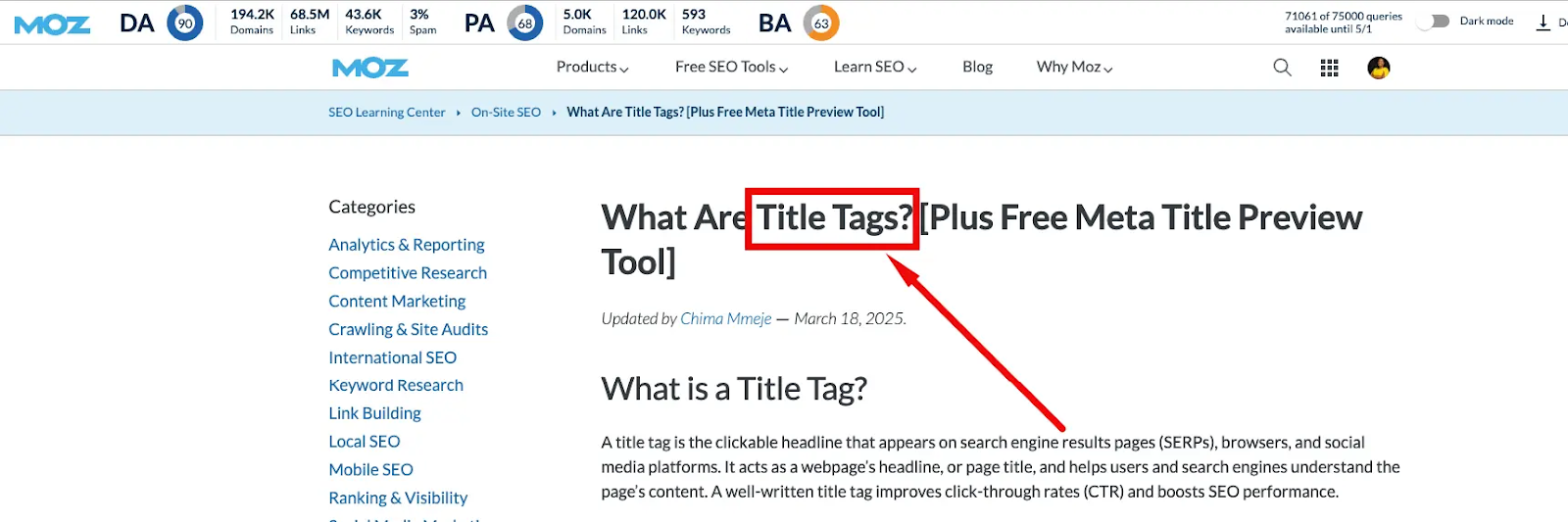 [Screenshot: Example of a well-optimized page showing keyword in title, URL, and first paragraph]