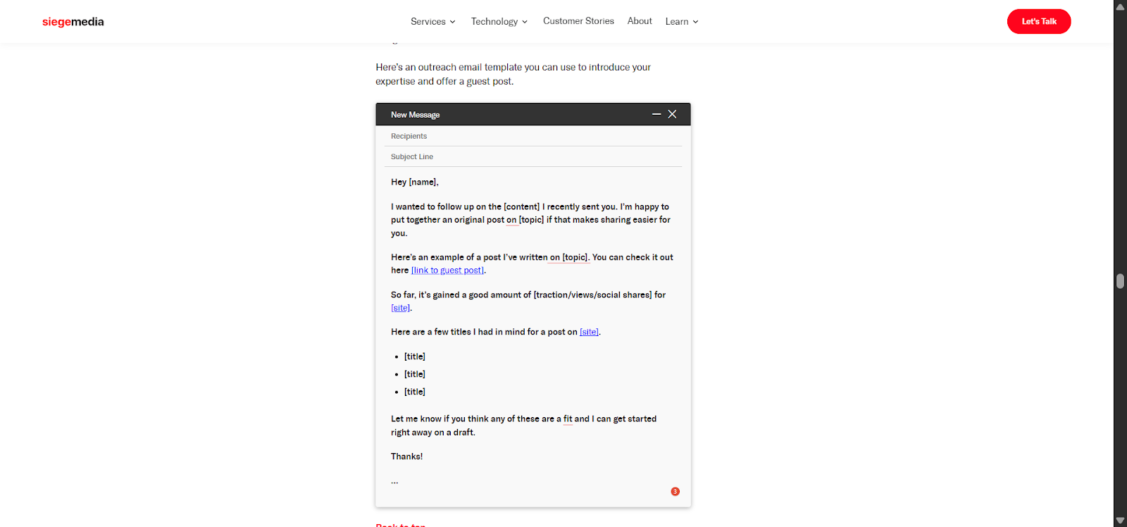 [Screenshot: Example guest post pitch email template]