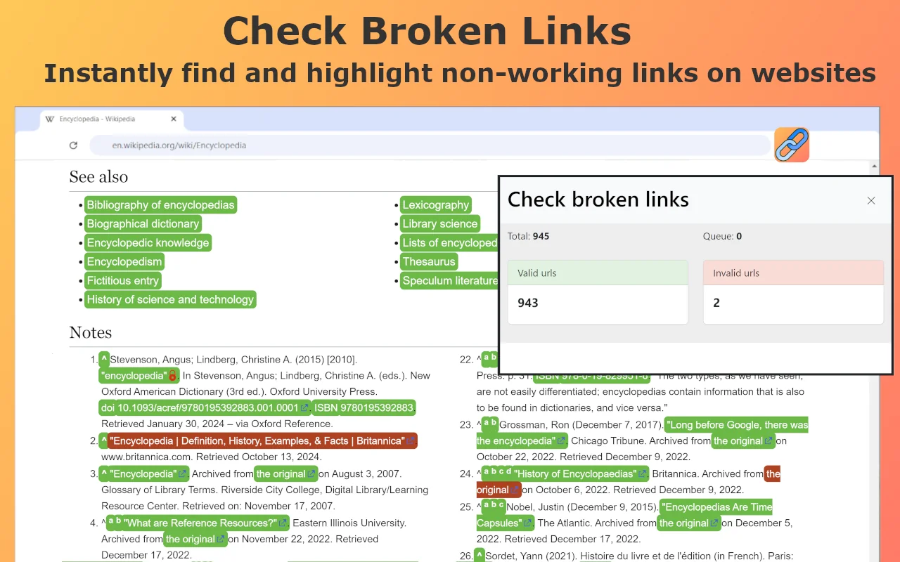 [Screenshot: Check My Links browser extension showing broken links highlighted on a page]
