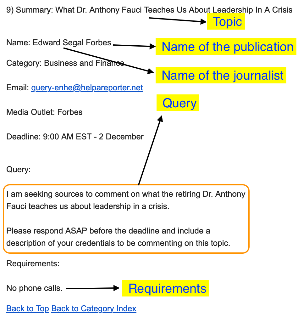 [Screenshot: Example HARO query and a well-structured response]