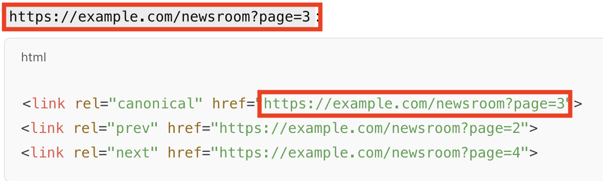 [Screenshot: HTML showing canonical tag implementation]