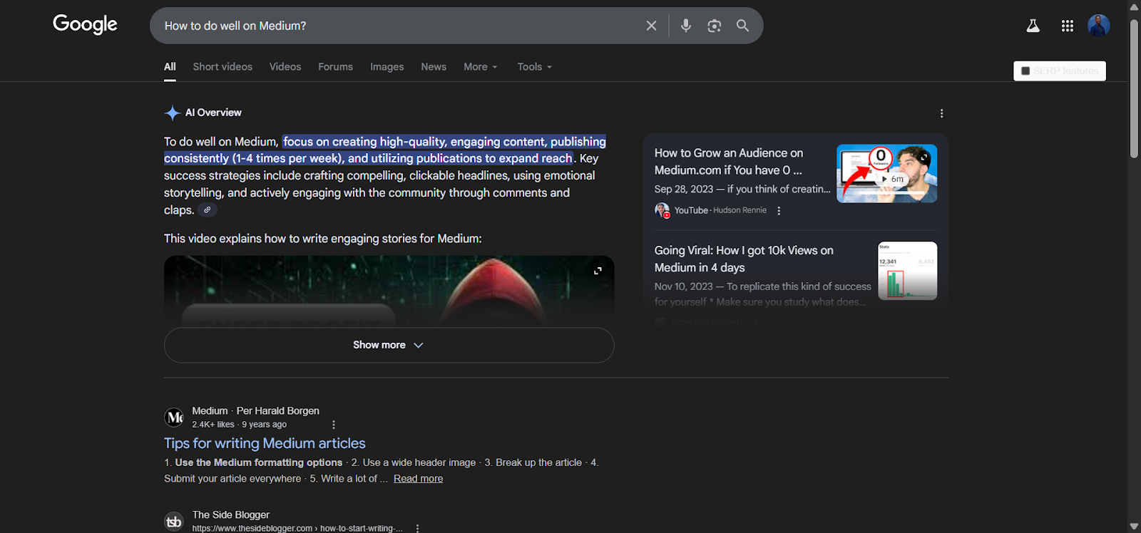 [Screenshot: Example of Medium article ranking for competitive keyword]