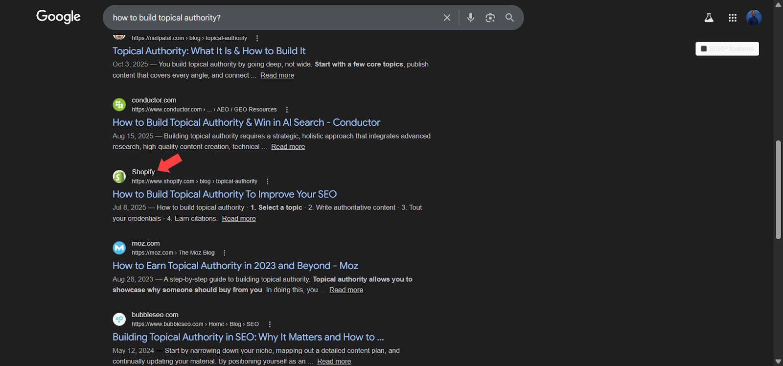 [Screenshot: Example tangential content from a B2B company ranking for non-product keywords]