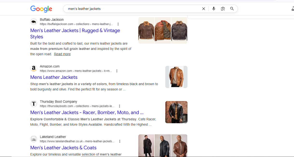 [Screenshot: Google search results page for "men's leather jackets" showing organic rankings]