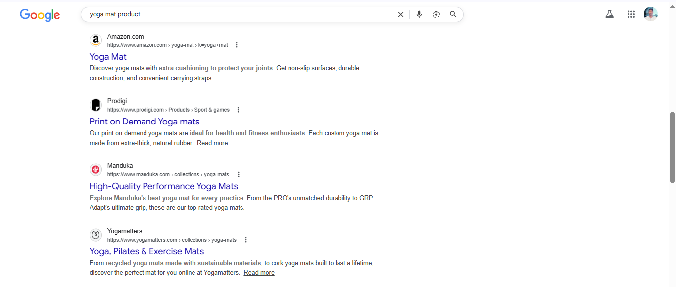 [Screenshot: Google SERP showing title tag and meta description for a yoga mat product]