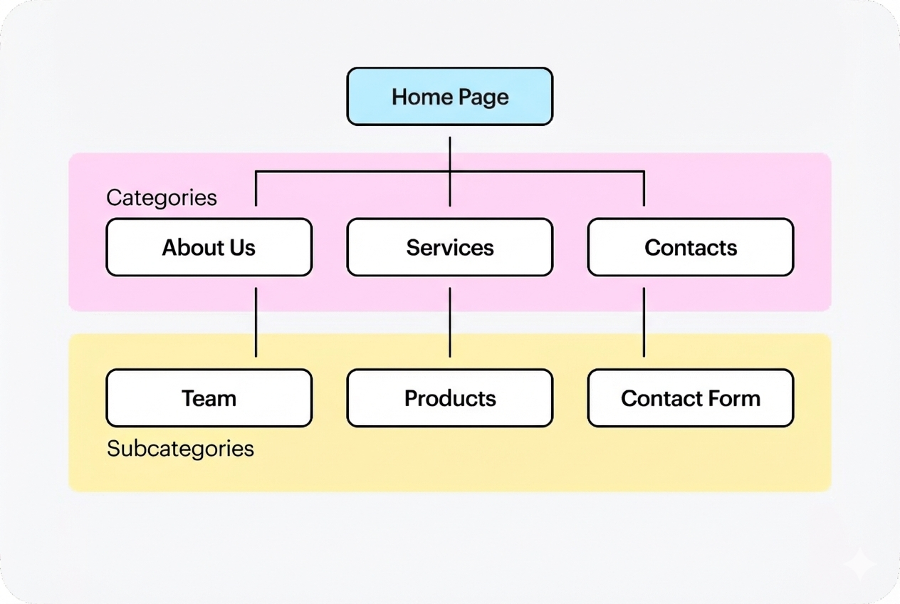 [Screenshot: Category page structure diagram showing parent categories, subcategories, and attribute pages]