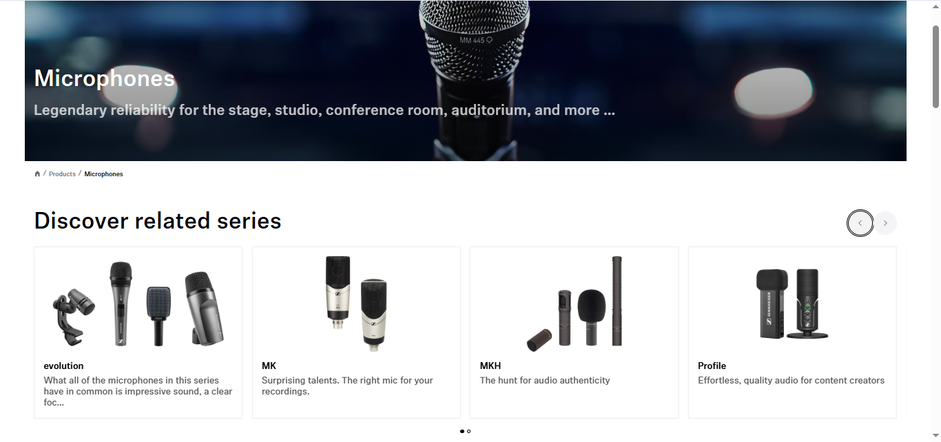 [Screenshot: Sennheiser microphones category page with introductory text]