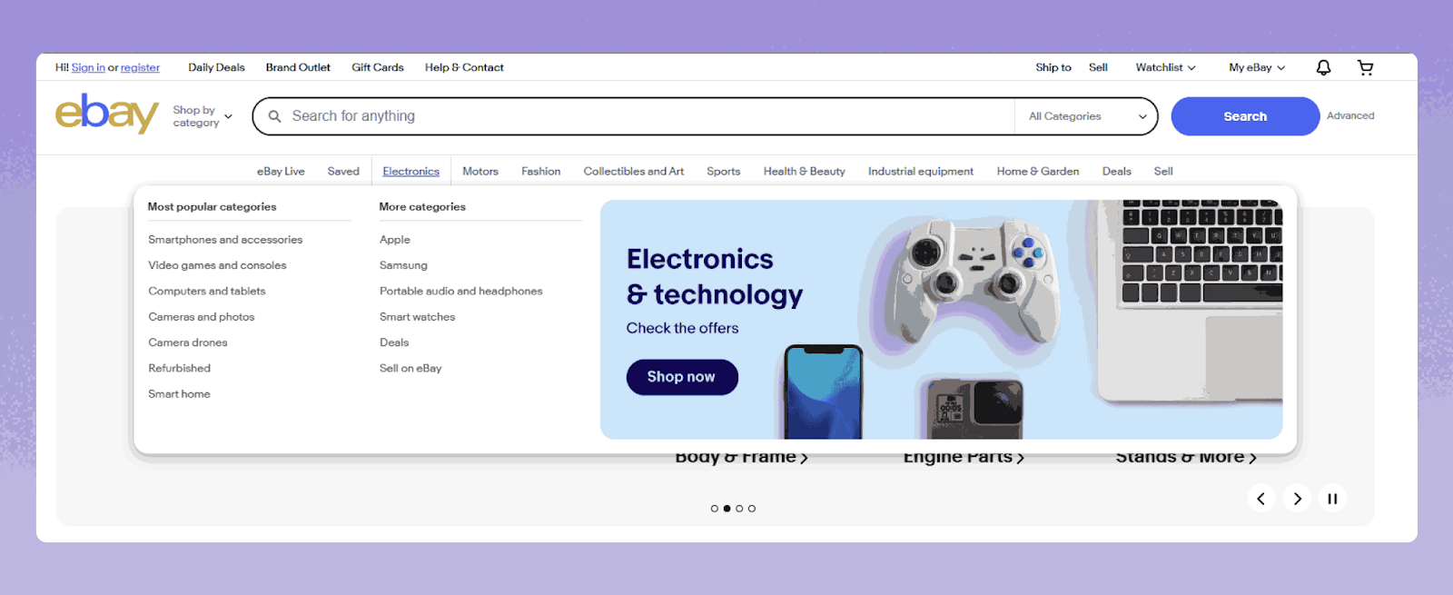 [Screenshot: Mega menu dropdown showing category hierarchy accessible from homepage]