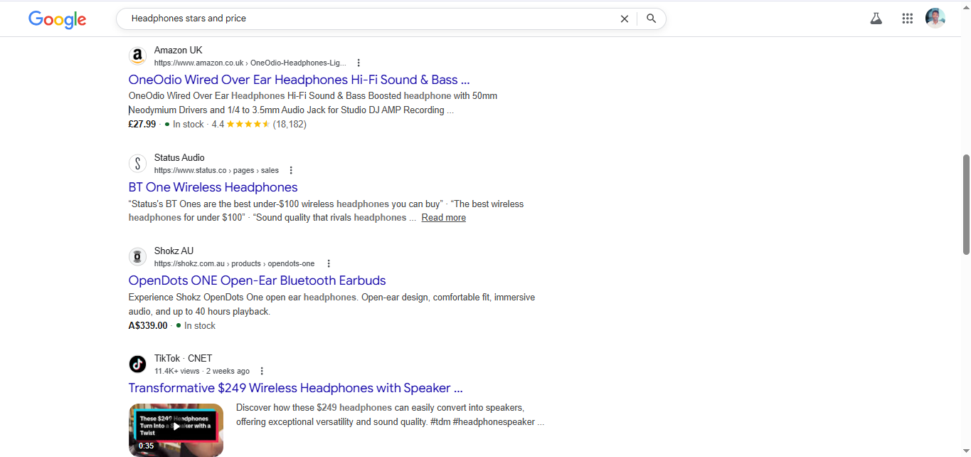 [Screenshot: Google search result showing rich product snippet with stars and price]