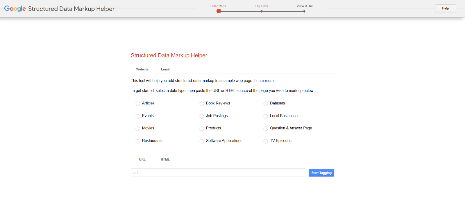 [Screenshot: Google Structured Data Markup Helper interface]