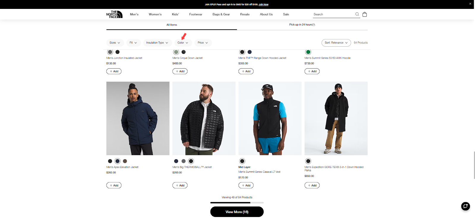 [Screenshot: Product listing page with sidebar filters for size, color, and price]