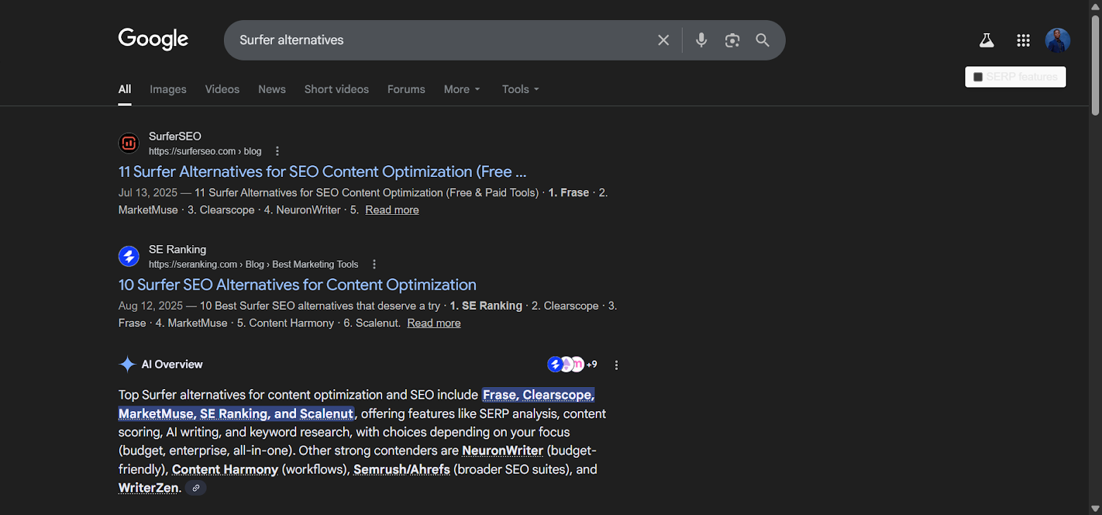 [Screenshot: SERP showing brand-owned alternatives content ranking first]