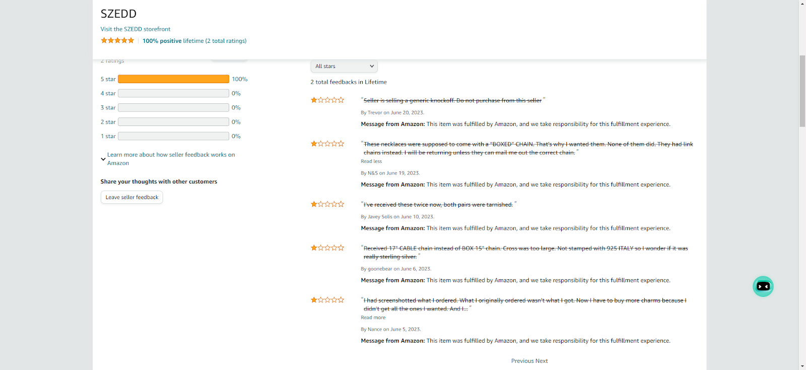 [Screenshot: Amazon product page with negative reviews filter selected]