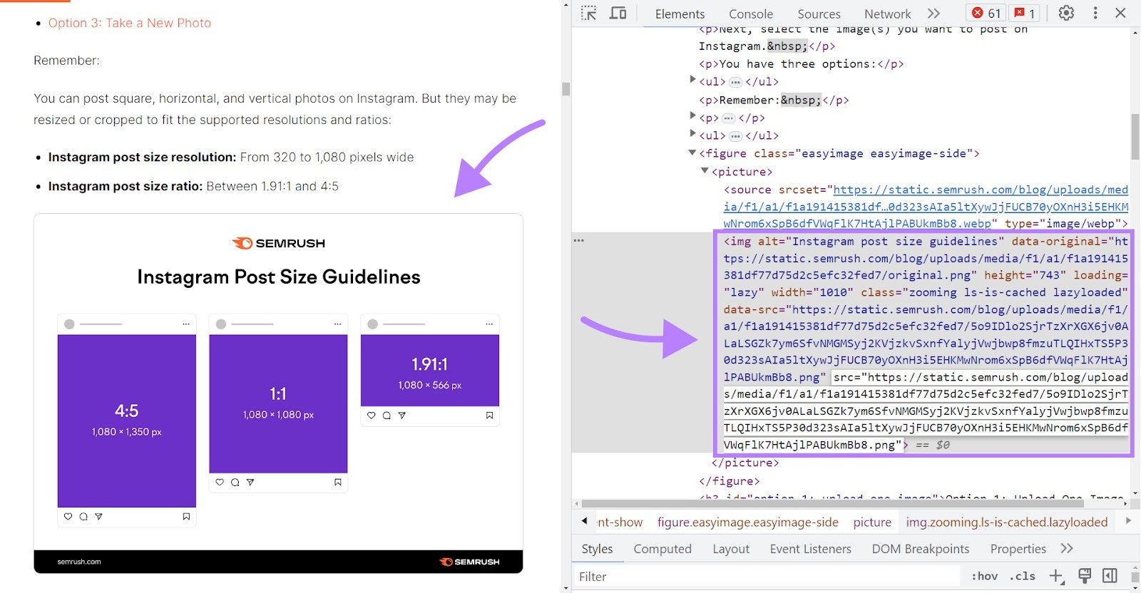 [Screenshot: HTML code showing properly formatted alt text on product image]
