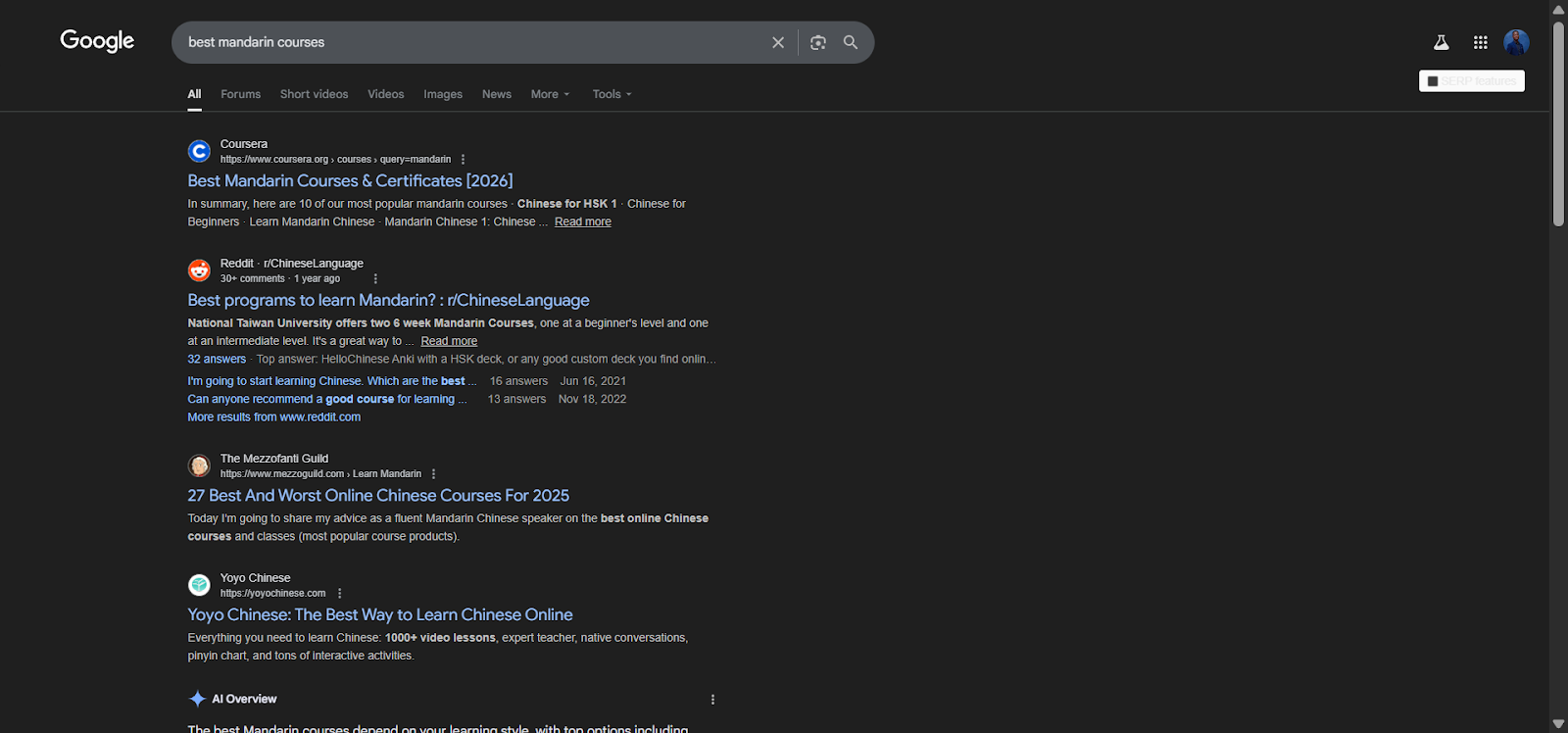 [Screenshot: Google search results page for target keyword showing top 10 organic results]