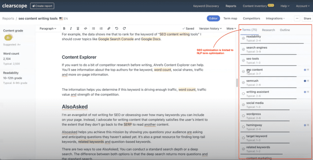 [Screenshot: Example of content optimization tool showing suggested terms extracted from top-ranking pages]