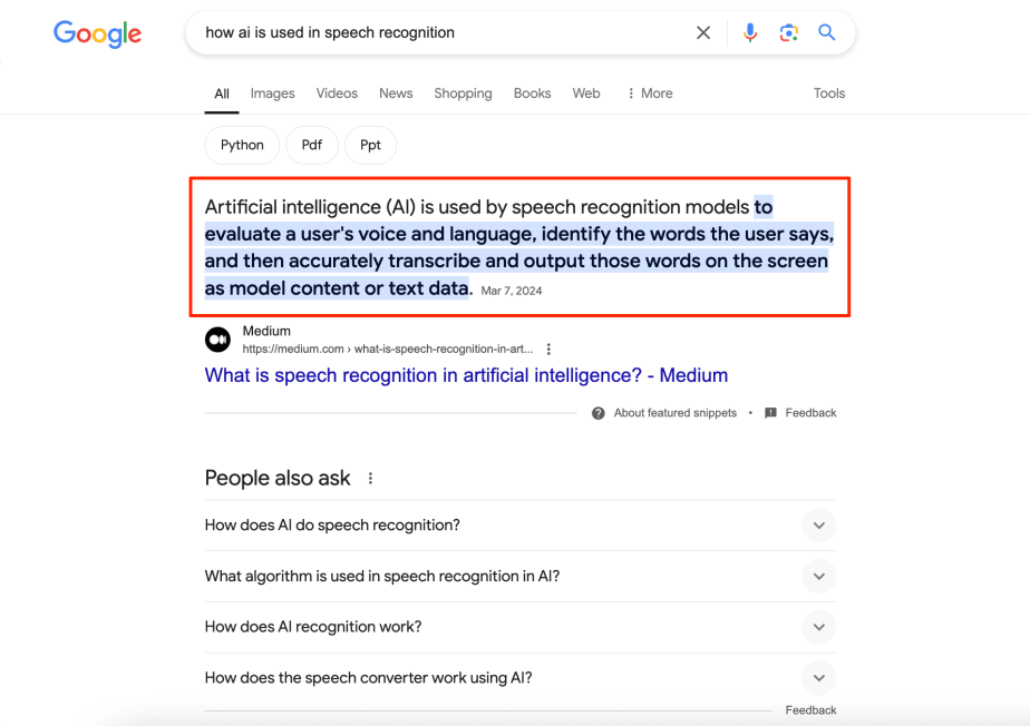[Screenshot: Featured snippet showing answer format and key terms used]
