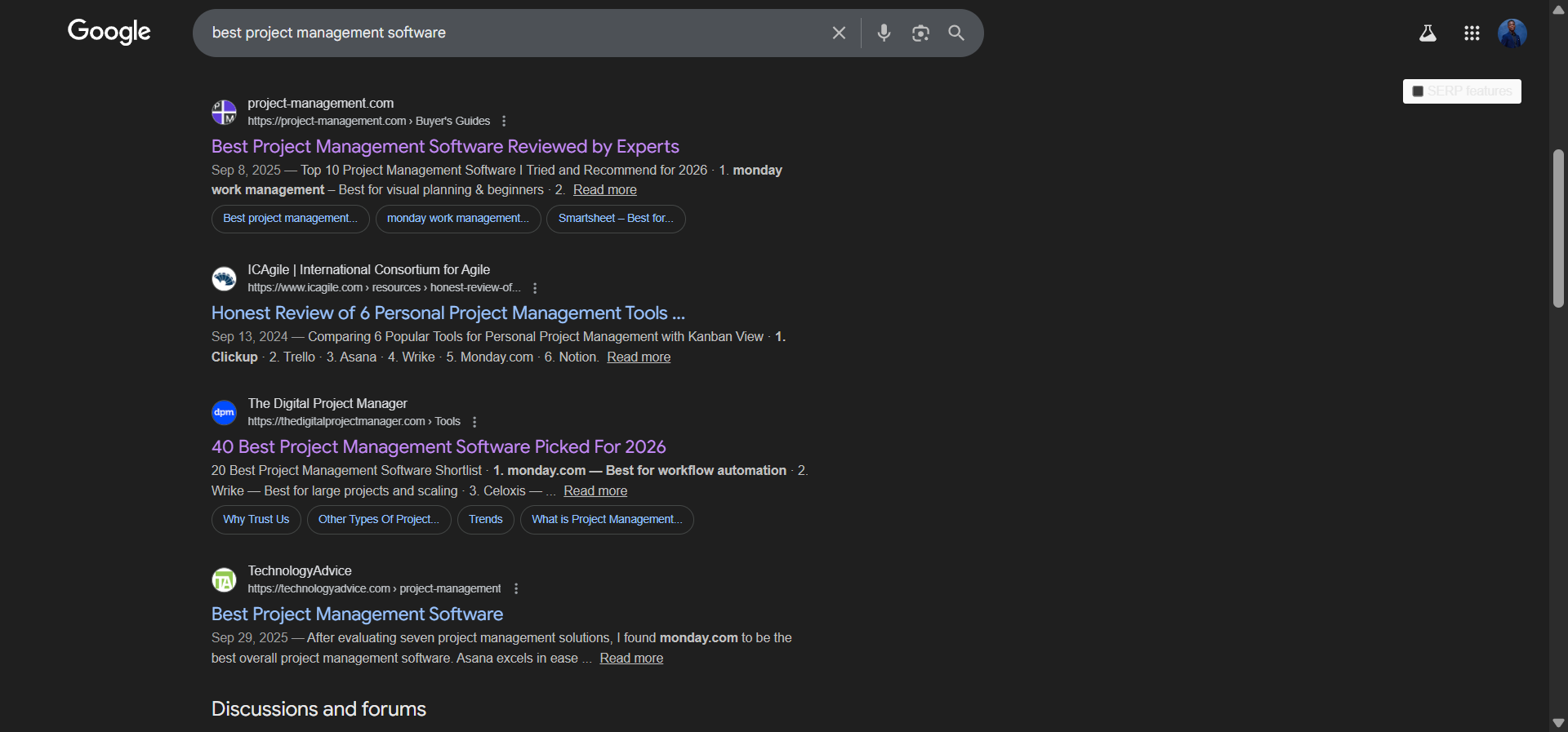 [Screenshot: Google search results for "best project management software" showing top-ranking pages]