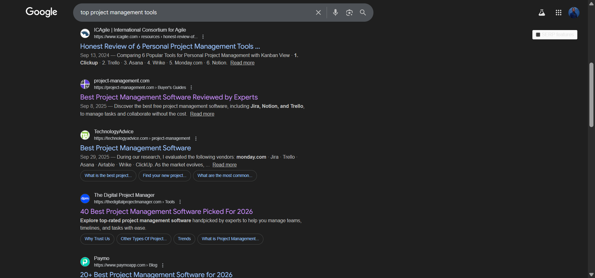 [Screenshot: Google search results for "top project management tools" showing similar top-ranking pages]