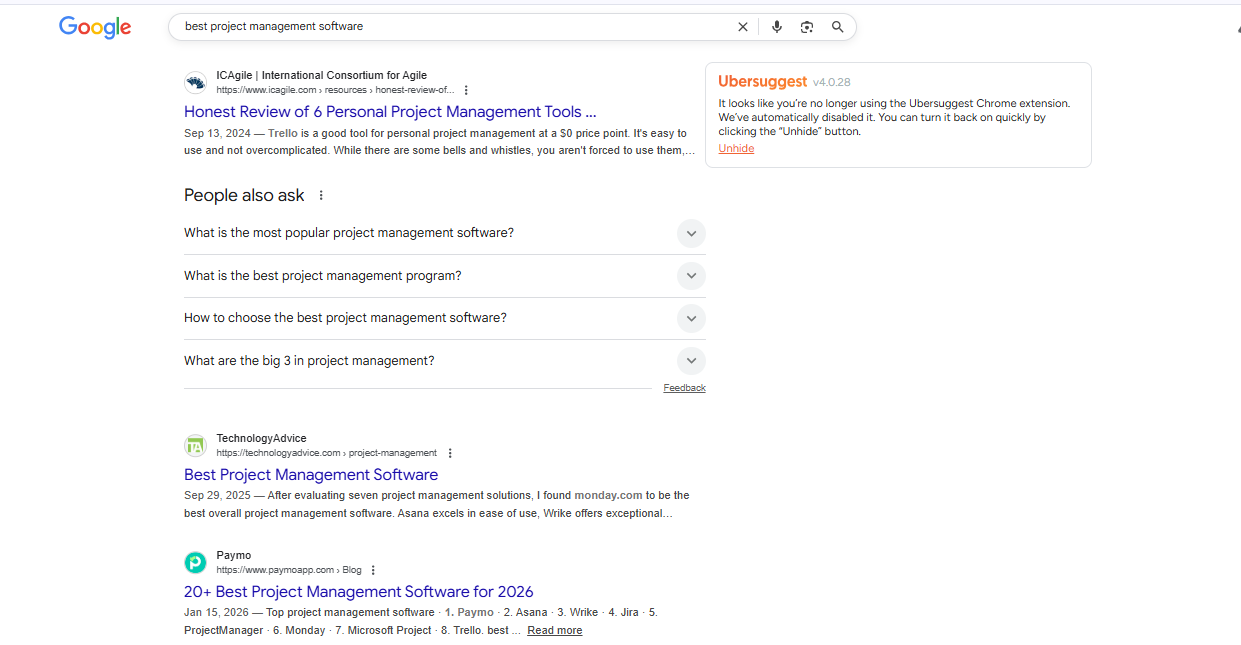 [Screenshot: Google search results for "best project management software" showing organic rankings]