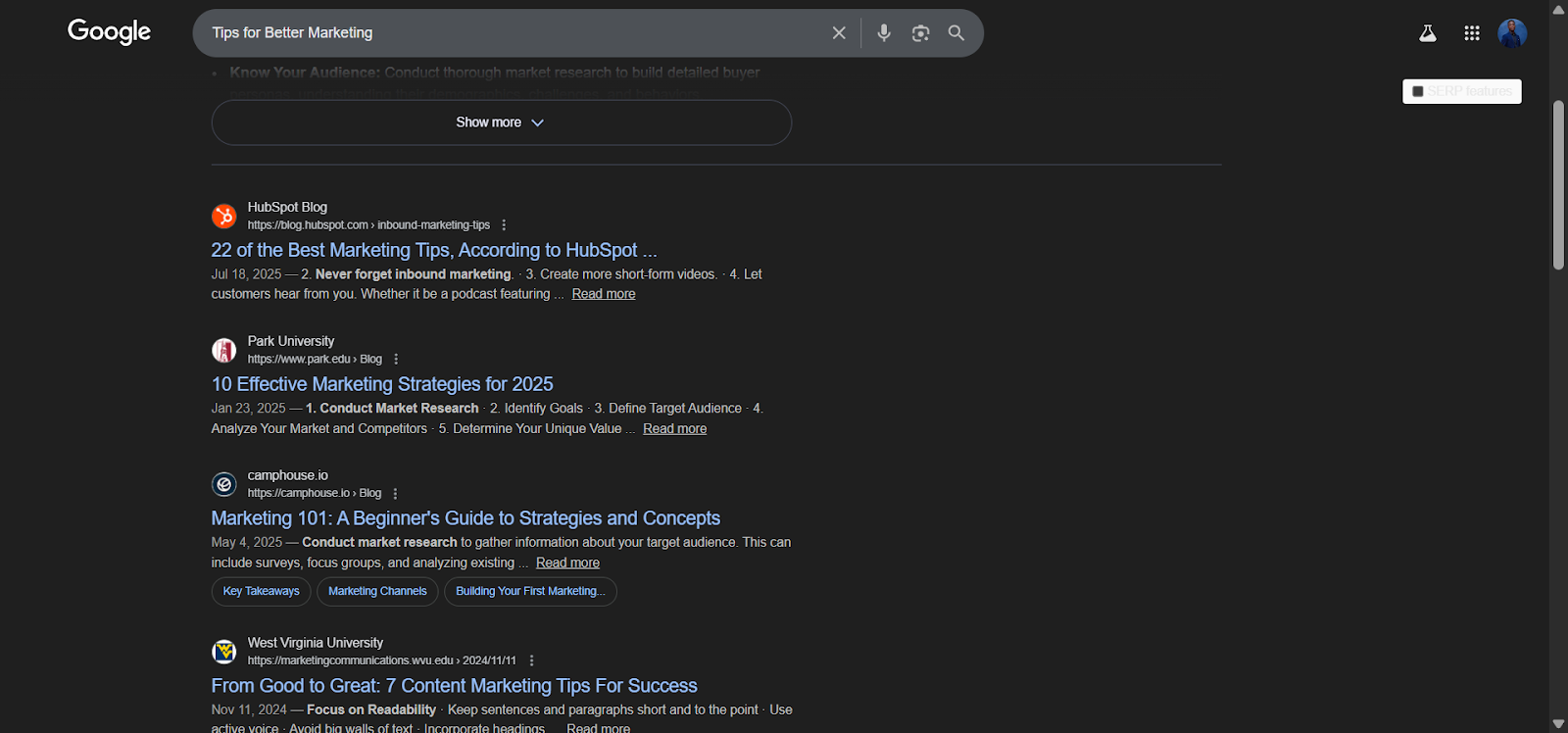 [Screenshot: Google SERP showing title tag display with keyword highlighted]