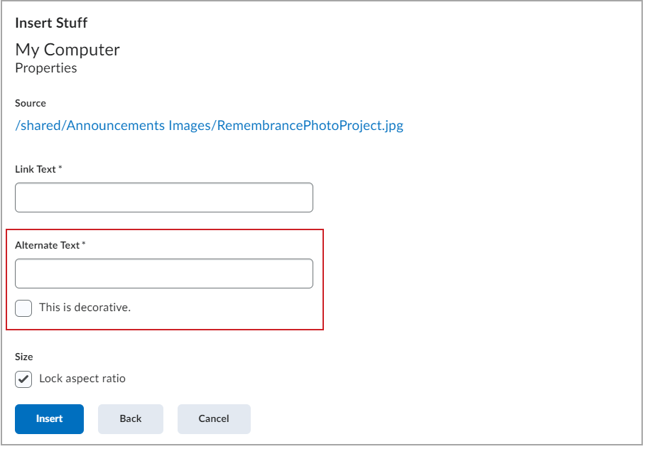 [Screenshot: Image properties dialog showing alt text field]
